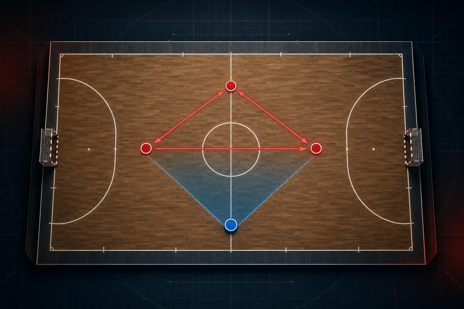 Plan tactique futsal : couverture défensive sur contre-attaque 3 contre 1, fermeture de l'axe central